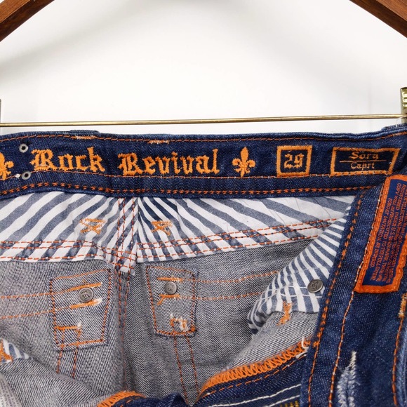 Rock Revival Sora Capri Jeans Bling Rhinestone Pocket 8" Rise Medium Wash Sz 29 - Picture 6 of 9